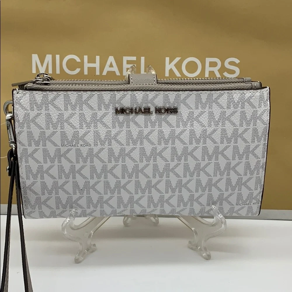 MICHAEL KORS LG DOUBLE ZIP wristlet BRT WHITE
